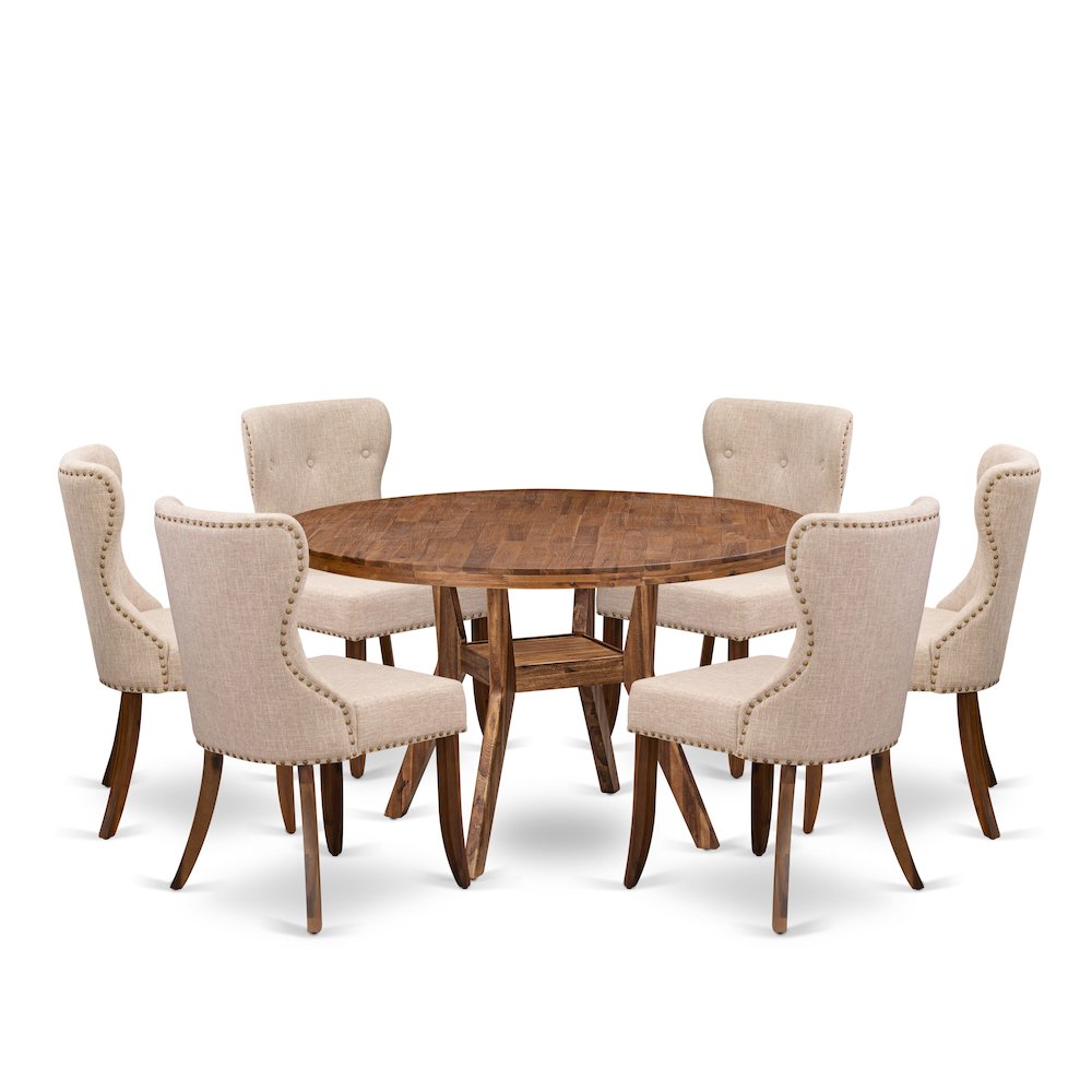 7 Piece Dining Set Consists Of 54″ Round Kitchen Table In Light Tan Color
