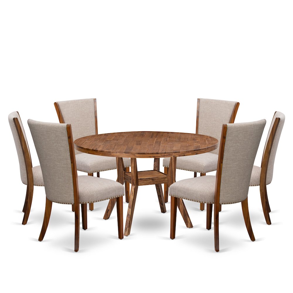 7 Piece Kitchen Table Set Includes 54″ Round Table In Light Tan Color