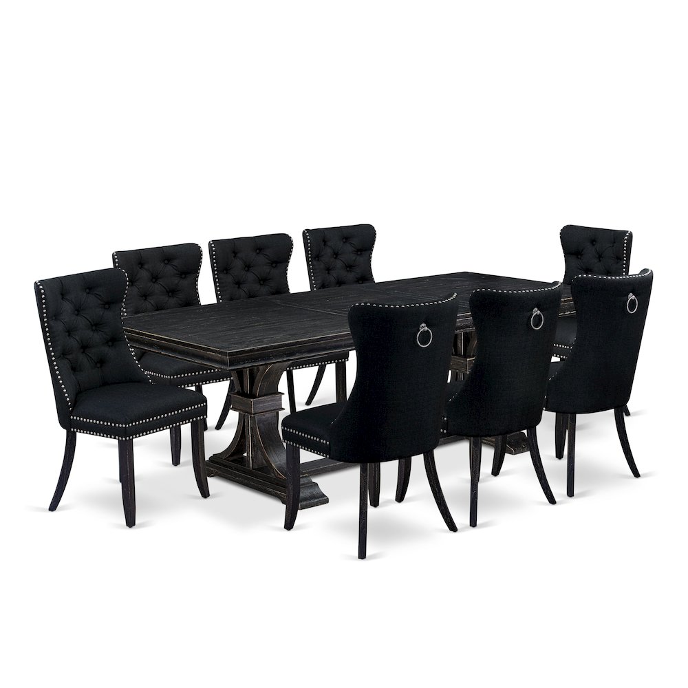 9 piece modern dining set of a dinner table and 8 Linen Fabric kitchen chairs