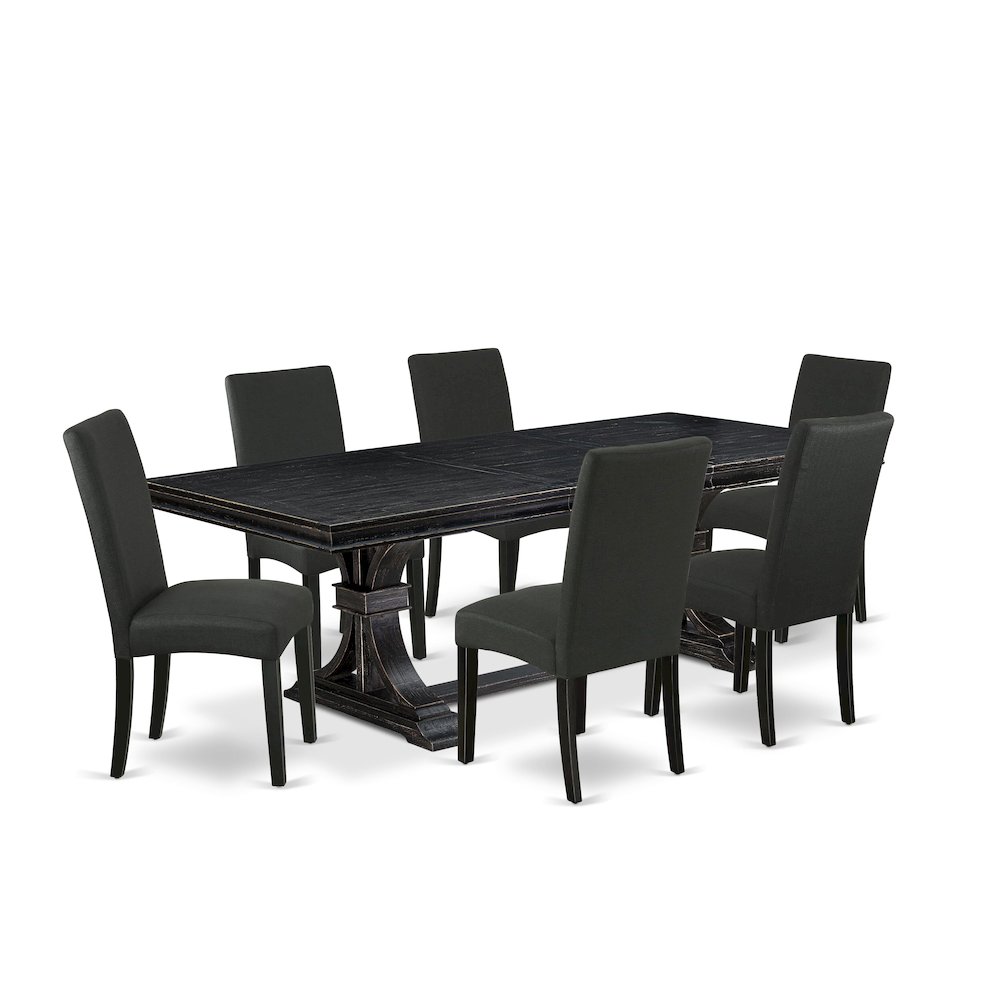 7 piece dining table set of a wooden table and 6 Linen Fabric dining chairs