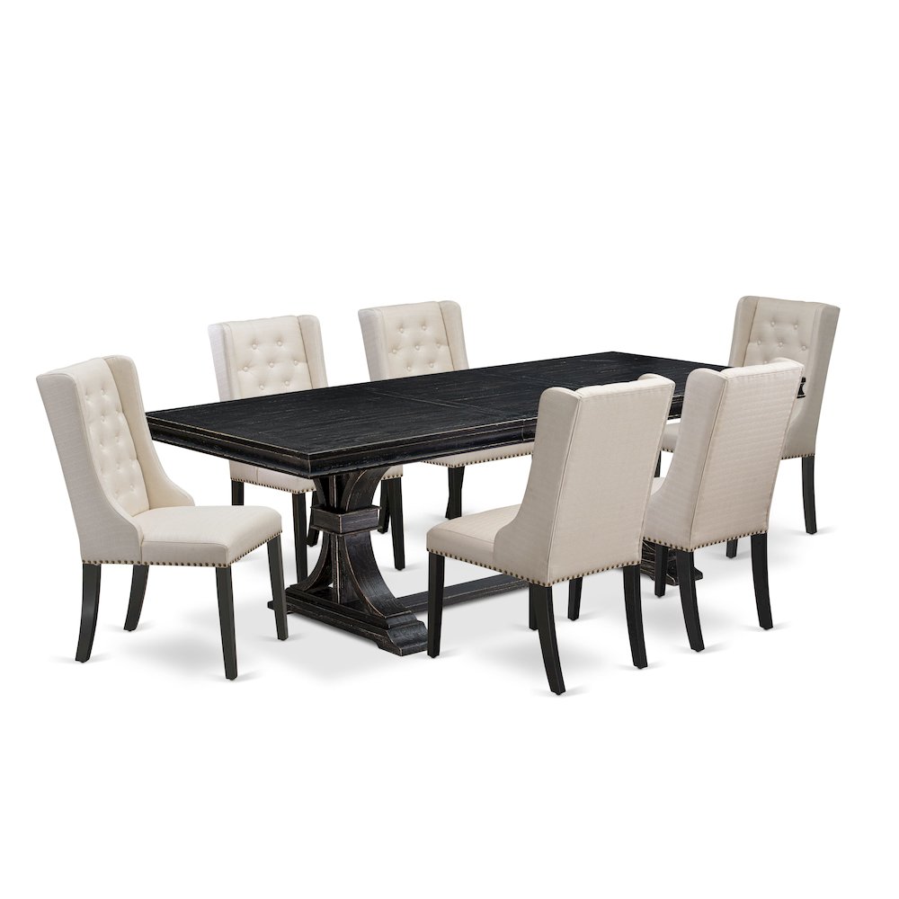 7 piece dining table set of a wooden table and 6 Linen Fabric dining chairs