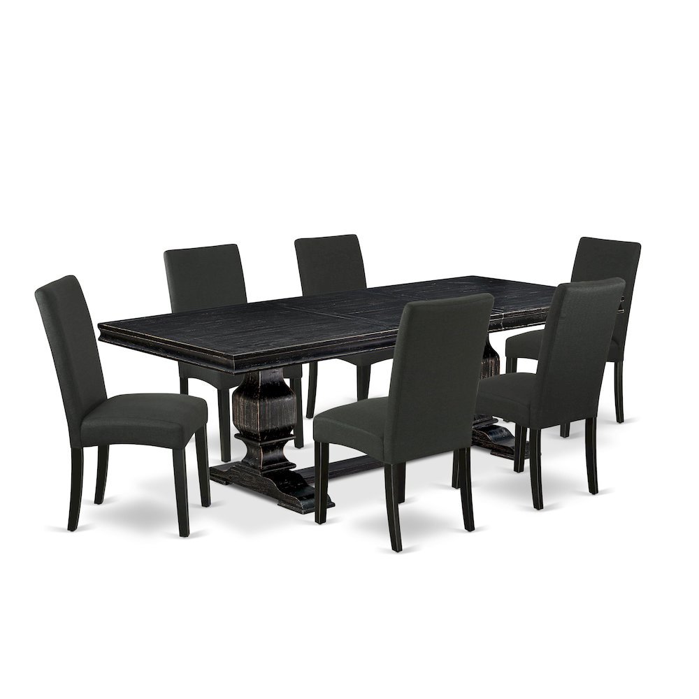 7 piece dining set consists of a wooden table and 6 Linen Fabric dining chairs