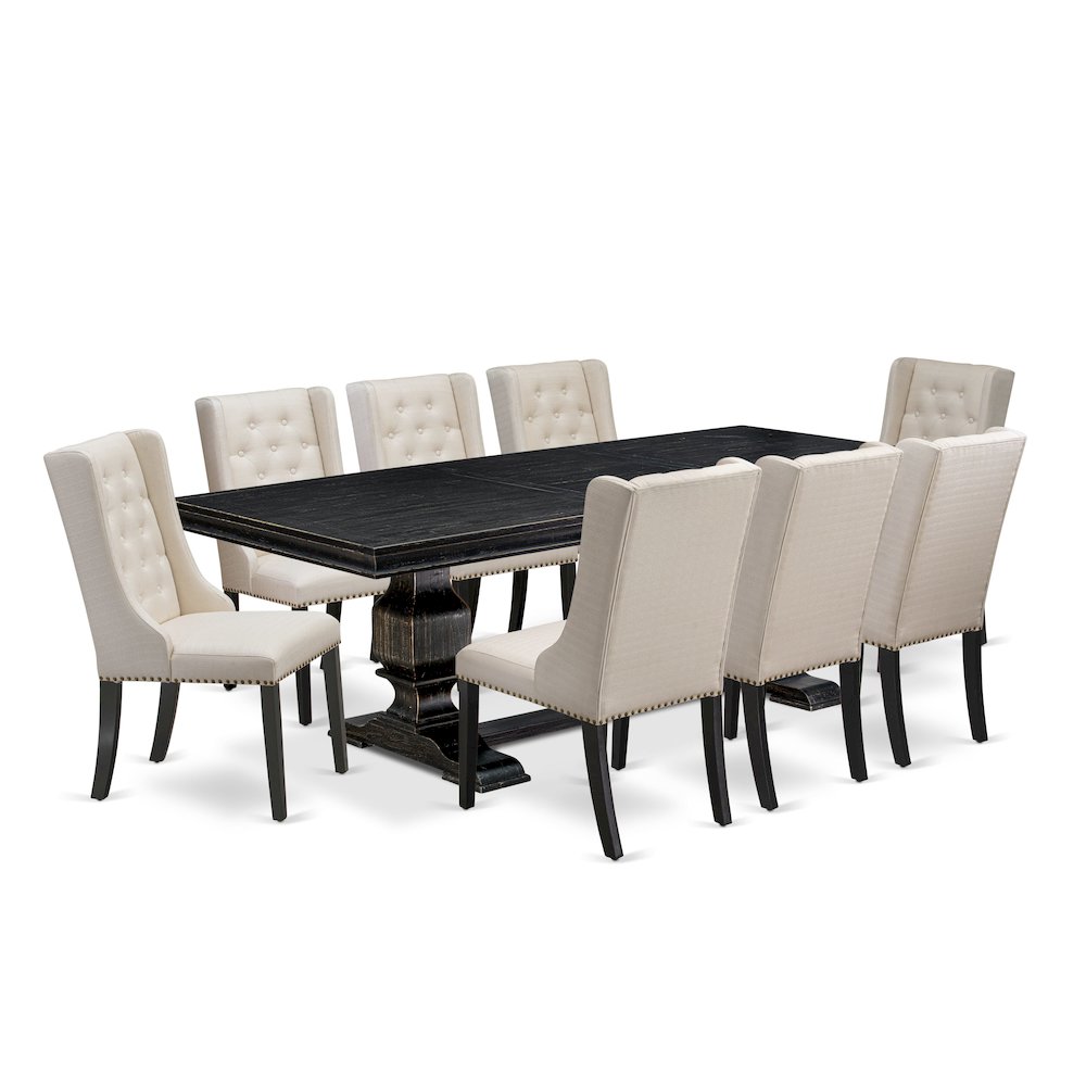 9 piece modern dining set of a wooden table and 8 Linen Fabric dining chairs