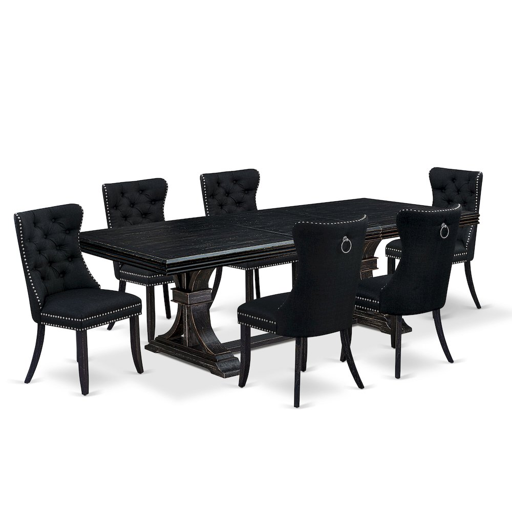 7 piece dining room set of a wooden table and 6 Linen Fabric kitchen chairs
