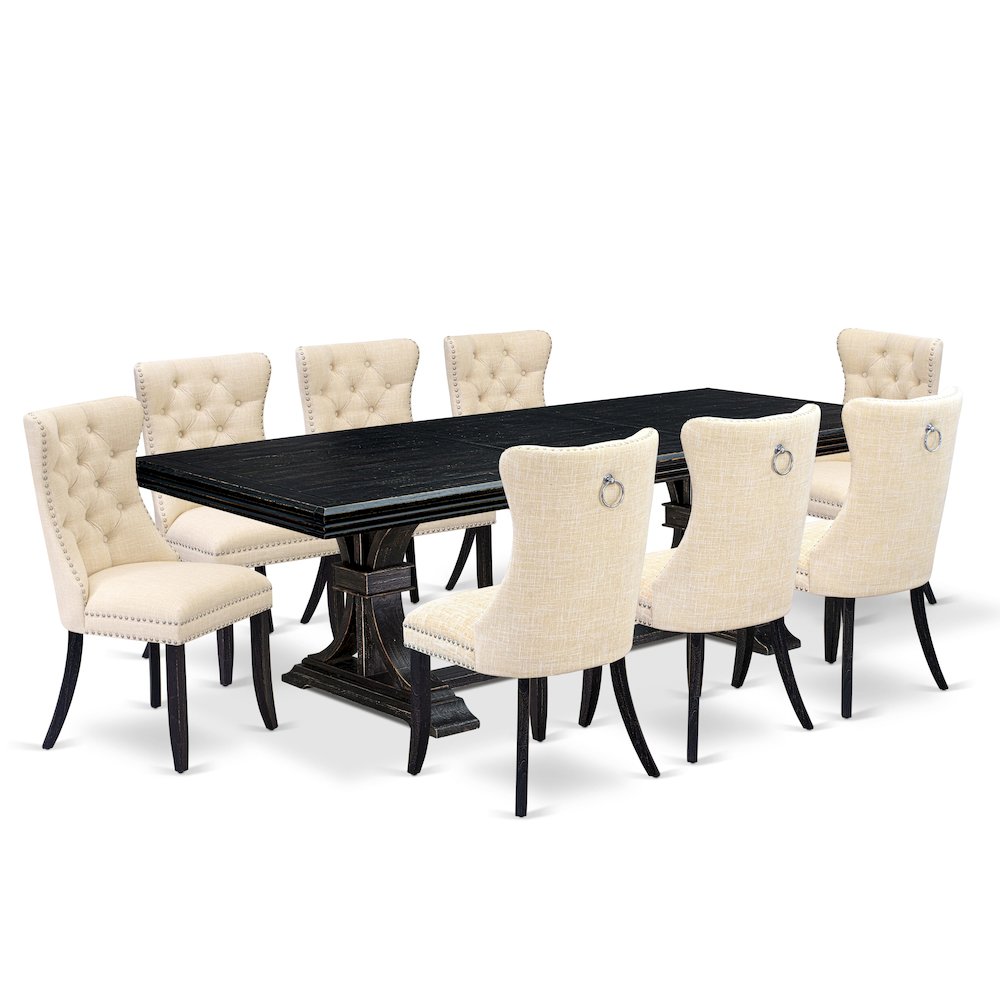 9 piece dining table set of a dinner table and 8 Linen Fabric dining chairs
