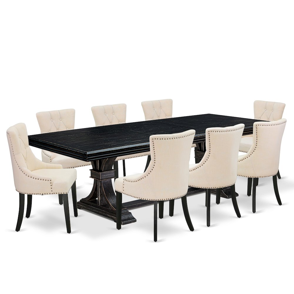 9 piece dining set a wooden table and 8 Linen Fabric dining chairs & black legs