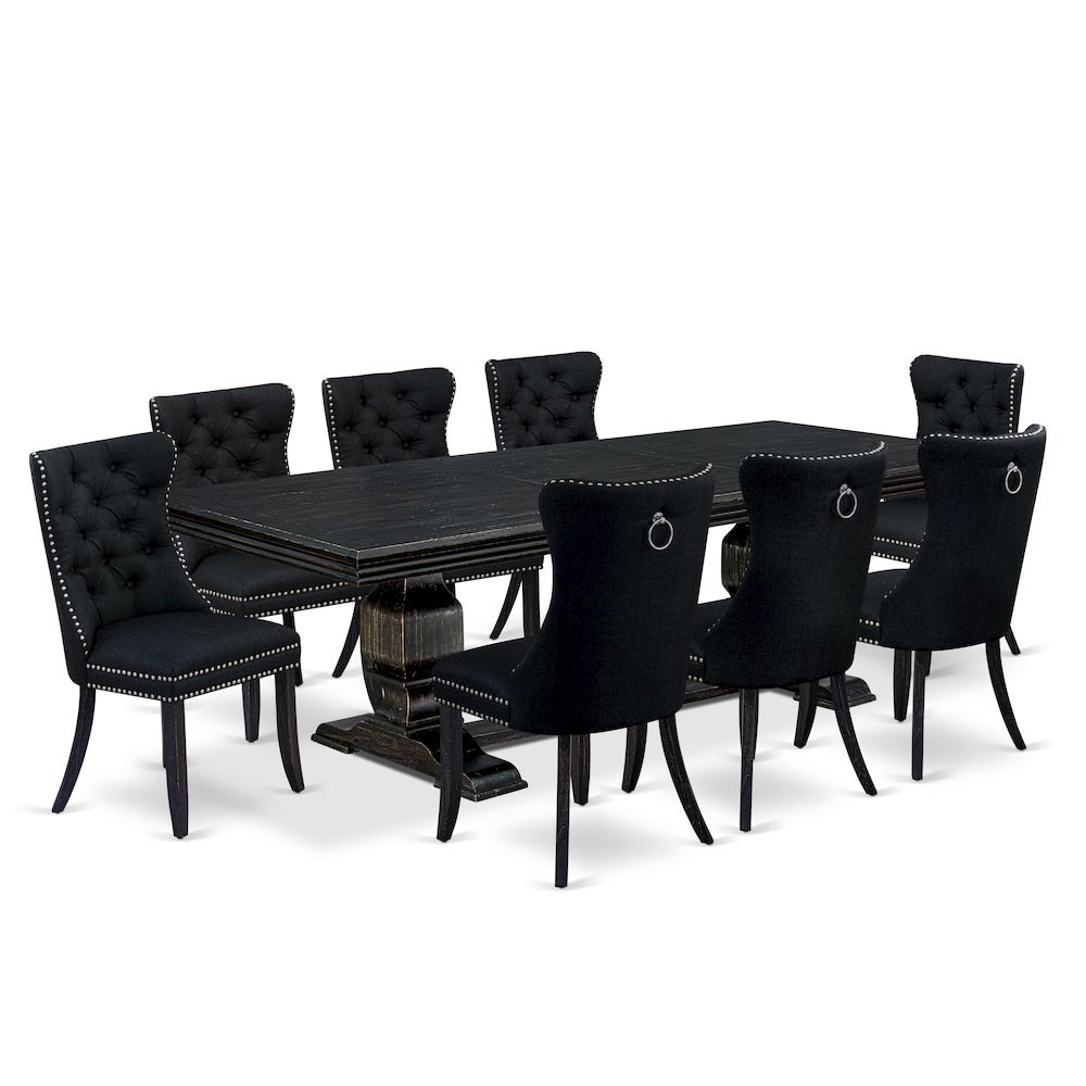 9 piece dining room set of a rectangular table and 8 Linen Fabric dining chairs