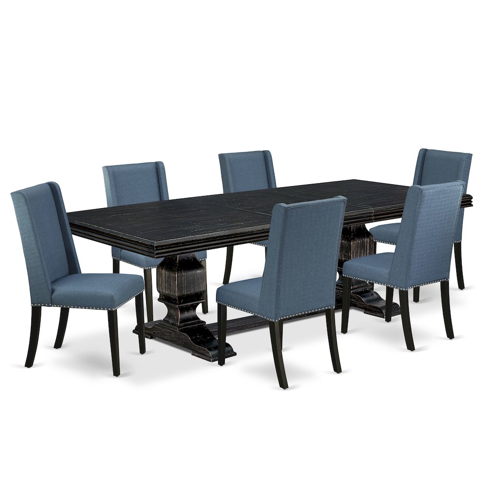 7 piece dining room set of a wooden table and 6 Linen Fabric dining chairs