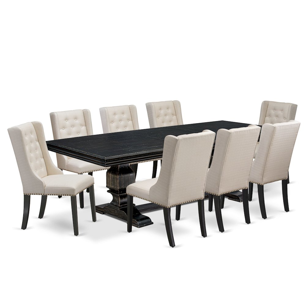 9 piece dining set a dinner table & 8 Linen Fabric dining chairs & black legs