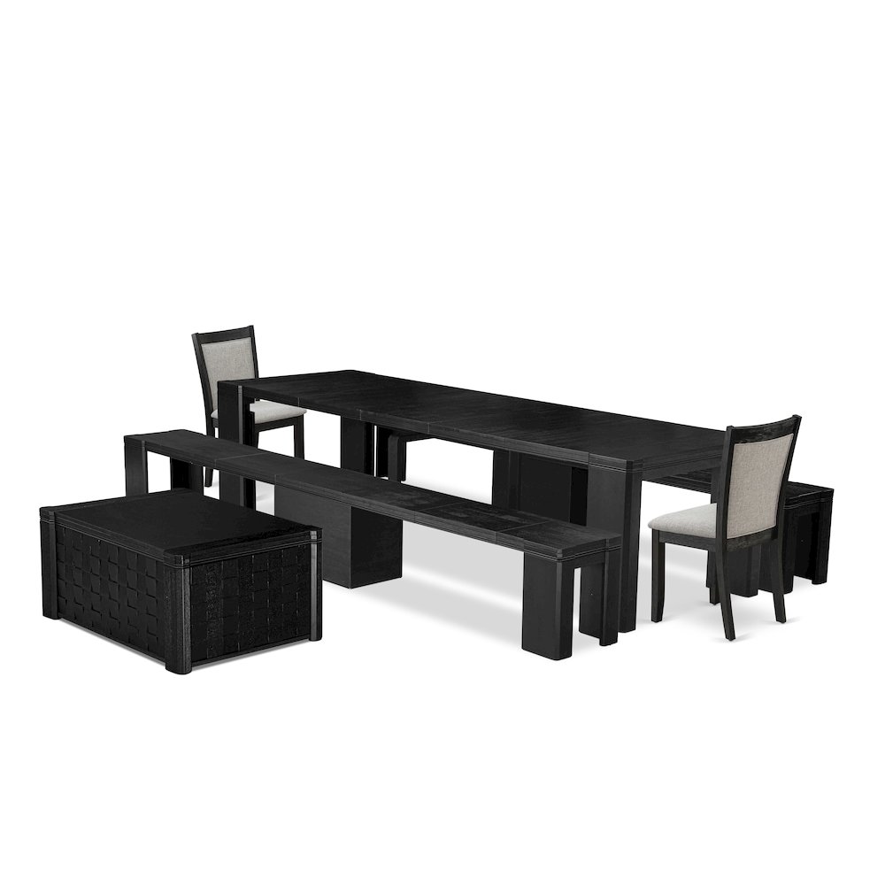 Luxe East West Furniture X02MZ-2C6-50 6-piece Dining Room Table Set a Rectangular Kitchen Table with a coffee Table and 2 wooden Benches and 2 Dark Gotham Grey Linen Fabric Dining Chair