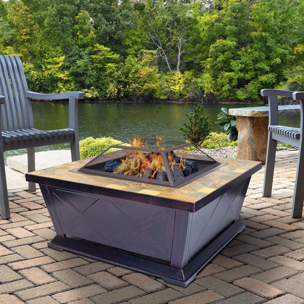 Outdoor Leisure Products 36 inch Square Steel Firepit with Decorative Slate Hearth and Oil Rubbed Bronze Finish