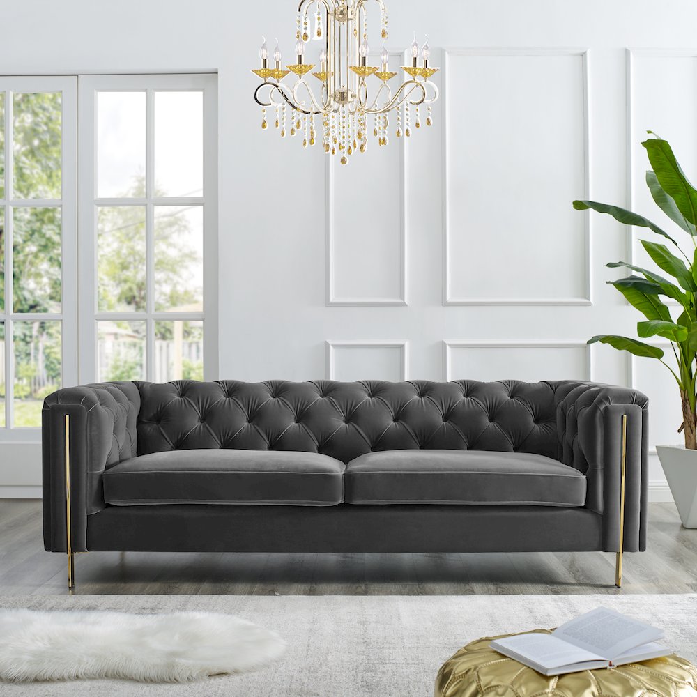 Charlene Gray Velvet Button Tufted Sofa