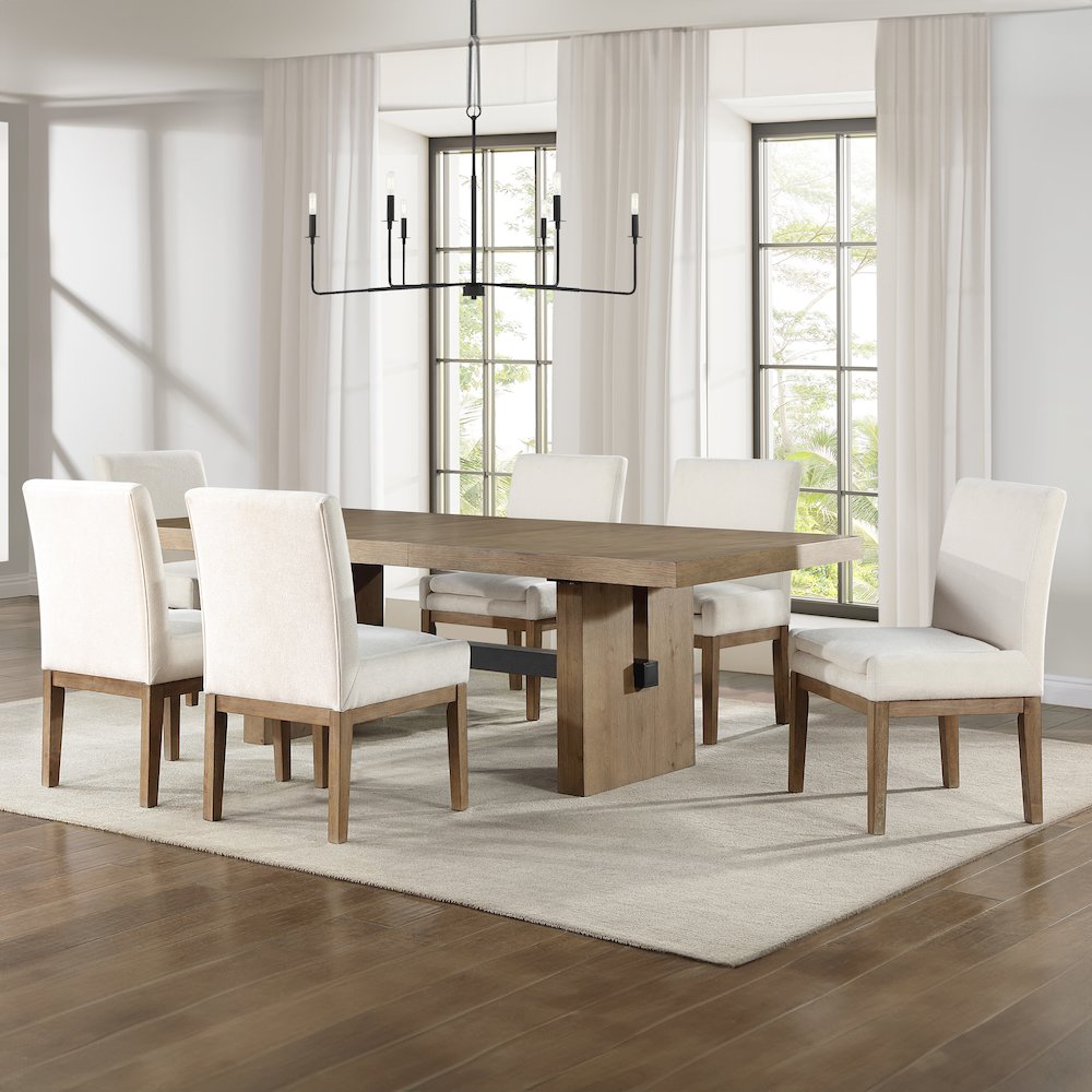 Aubrey 7-Piece 78-96″ Dining Table Set with 6 Upholstered Parsons Chairs