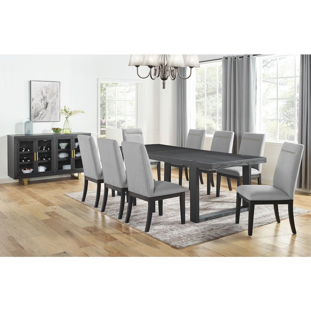 Yves Black Dining Table With 8 Grey Chairs and Server