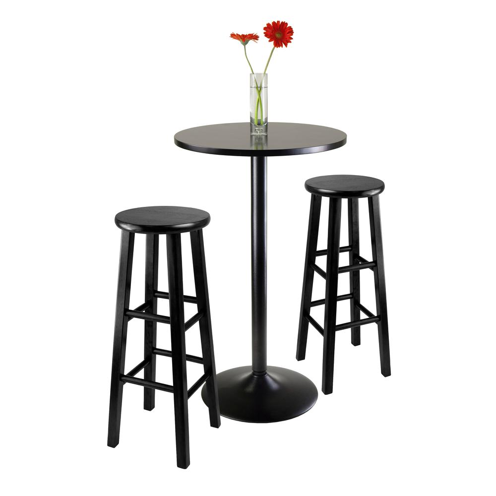 3pc Round Black Pub Table with two 29″ Wood Stool Square Legs