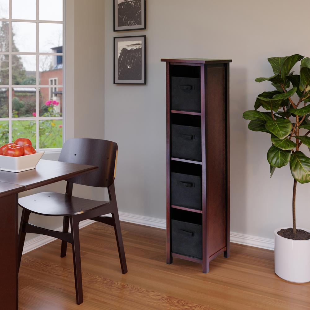 Verona 4-Section N Storage Shelf with 4 Foldable Black Color Fabric Baskets
