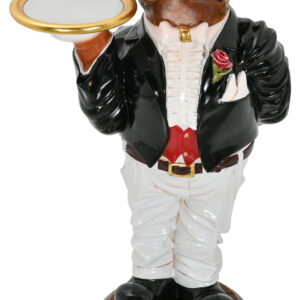 From the enjoyable Whimsical Bistro Buddies Collection we present the Boxer Butler from Whimsical Treasures. This multicolored whimsical butler featuring an arrogant bulldog butler dressed in a tuxedo holding a round gold tray will add playfulness to your rooms decor. Crafted from durable fiberglass and MDF