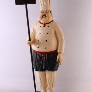 This multicolored whimsical cook in full uniform holding a menu chalkboard by its handle. It is an oversized piece and is great for restaurants