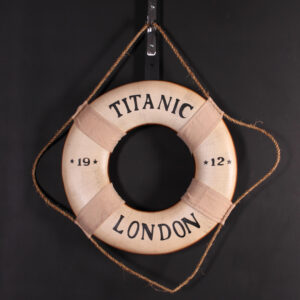 The Titanic Life Preserver is a theme décor replica from infamous Ship. Features a logo of "Titanic London 1912" lettering and a rope accent
