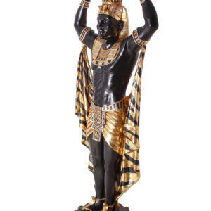 featuring strapping man holding black and gold planter atop his head