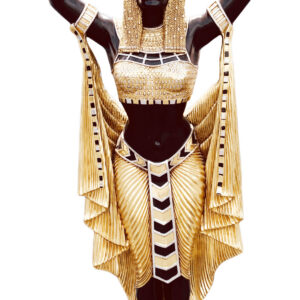 The multicolored planter features a captivating Egyptian woman holding a black and gold planter atop her head.