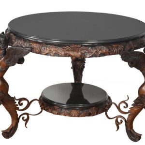 a division of AFD Home. The table features 3 Roman Winged Ladies supporting a decorative skirt with a beveled edge Black Marble Table Top. The finish is a rich Walnut Bronze Patina