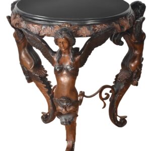 a division of AFD Home. The table features 3 Roman Winged Ladies supporting a decorative skirt with a beveled edge Black Marble Table Top. The finish is a rich Walnut Bronze Patina