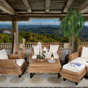The 5 piece complete Cabana Grand Indoor set with neutral Linen offers a natural organic design. Special attention was paid to making this Set extra comfortable and also more spacious; collection features thicker arms and a larger overall scale used in the design and manufacturing. Making this collection perhaps the best in Class and the one to own. Set Sku ; 10264149 The 5 Piece Complete Set Includes Sku; 10258443 Cabana Grand Club Chairs 37.00 x 35.50 x 43.25 qty 2 Sku; 10258451 Cabana Grand 2 Seater 60.28 x 35.46 x 43.34 qty 1 Sku; 10258460 Cabana Coffee Table 43.34 x 17.73 x 31.52 qty 1 Sku; 10258478 Cabana Foot Stool Ottoman qty 1 23.64 x 13.79 x 23.64 Hand Made over solid mahogany framed. Hand Woven using the strongest Water Hyacinth Natural Weave. Beautiful natural finish pairs with the neutral fabrics used. Minor Assembly of legs may be required. Imported from Indonesia and exclusively manufactured for the AFD Home Collection.