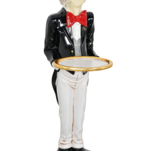 Our Uppity Connoisseur Butler with Tray 37 inches Tall is a prim and proper formal butler with an exaggerated nose for sniffing out the good stuff. He is a floor standing waiter measuring 13.25 inches wide X 14.75 inches depth X 37.75 inches Tall. While he has Uppity Airs of nobility