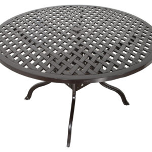 The Savannah Round Dining Table by Bridgeton Moore is a 48-inch diameter cast aluminum table ideal for outdoor dining or breakfast gatherings. Comfortably seating 4 adults