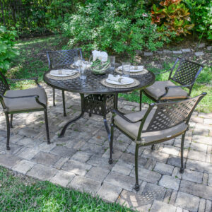 this table is sold separately to accommodate your outdoor dining needs.  Pair this timeless piece with the matching Savannah Outdoor Dining Chairs to complete your Savannah Dining set. The Savannah Collection exudes timeless beauty with its woven lattice design and brown bronzed powder coat finish