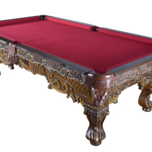 hand carved and hand finished recreations of elegant Pool Tables. The Victorian design offers a large scale and is carved in 100 % solid wood. 100% Hardwood Construction with classic Victorian era carvings and hand-finished in multi-step antiqued wood finishing  Hand Tooled Cordovan Genuine Leather Pockets Genuine Slate 1" Thick