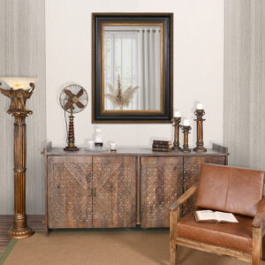 a finish that draws the viewers eye inward and highlights the subject of the framing in a beautifully classic manner.  The outer edge and inner liners are done in a burnished gold leaf that transition seamlessly to the contoured inner black defining aspect of the frame. The finish and popular profile combine to deliver a wonderful framing result for customers who desire a little  bit of framing drama. A FRAMERS CHOICE SELECTION !!!