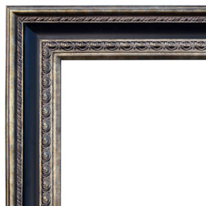 Interior size is 24 x 36 with an overall exterior dimension of 38 x 50 with a profile width of 7 " and a profile height  of 2.75"  . Our Elegantly Grand Frame is a robust design in solid wood that will add attention and value to the subject at its center. The finish features  an interior center scooped profile in a defining black that is surrounded by a Tarnished silver leaf on the exterior