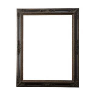 Interior size is 36 x 48 with an overall exterior dimension of 50 x 62 with a profile width of 7 " and a profile height  of 2.75"  . Our Elegantly Grand Frame is a robust design in solid wood that will add attention and value to the subject at its center. The finish features  an interior center scooped profile in a defining black that is surrounded by a Tarnished silver leaf on the exterior