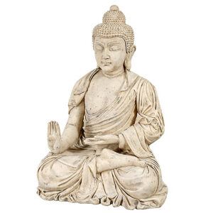 The Enlightened Seated Buddha 4ft in Aged Stone Finish measures 34 inches wide X 32.25 inches deep X 47.75 inches tall. Buddha