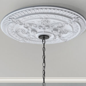 At a diameter of 26 inch this beautiful ceiling medallion features flower scroll details finished in white. The decorative ceiling medallion features a 1.5inch center space that can be cut out for use with chandeliers