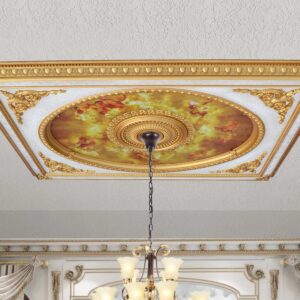 The Classical Design Rectangular Ceiling Medallion 6ft x 8 its one of the largest fully assembled and intricately finished Ceiling Medallions Available. This Timeless Creation offers an Old World Elegance. Hand Cast in a lightweight Polystyrene that will never shrink split or crack. The lighter weight also makes installations easier as the Medallion can be secured with the use of hollow wall sheetrock