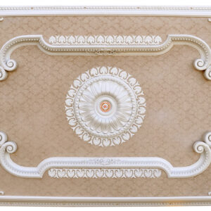 a subtle contrast of neutral White and Beige featuring a recessed center panel with slightly raised floral pattern detail. Hand Cast in a lightweight Polystyrene that will never shrink split or crack. The lighter weight makes installations easier. This Medallion design features an outer cabochon border with intermittent spaces open for spacing in simply securing with sheetrock screws and