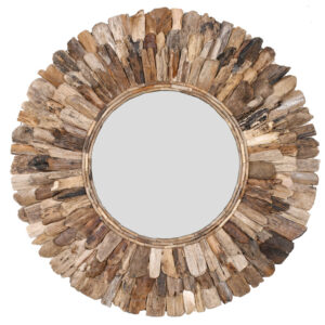 A hand made 48" Large Diameter Wood Chuck Mirror. This natural wood mirror is created by hand by the local villagers from Indonesia exclusively for AFD Home Collection. One of the beautiful characteristics of the finished creation is the way the local artisans hand select and layer the uniquely shaped wood chucks creating the outer frame. If you are looking for Functional wall décor with rustic and even a primitive style to either accent or add contrast to your interior design