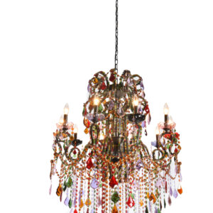 The Grand Milano Chandelier is a unique and spectacular design offering a full spectrum of Crystal Colors. A surprising spectrum of warm colored rhinestones and glass Crystal are offered in both the dressing crystals of this beautiful Chandelier and combined with mutli-colored cabochons beads that define each undulating forged Arm that hold multi colored Bobaches and Lights. The Chandelier is hand constructed in Forged Iron