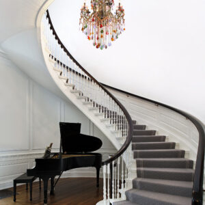 Crystal and Glass. It features 10 lights and each light holds up to a 25 Watt E12 standard Candelabra bulb. Bulbs are Not Included. It is UL Listed. The Chandelier comes fully assembled in box but requires hanging of crystal and when fully dressed weighs 41.58 lbs. The Grand Milano is the largest of the Milano Chandeliers for a smaller offering consider the Milano Chandelier 25 dia. X 34 inches tall and customers