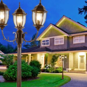 The Elegant Aston 3 Light Street Lamp is over 7ft in height and is constructed of cast aluminum. The lamp features 3 pre-wired lanterns with sockets and a brushed antique finish with bronze and copper tones. Main electrical wiring is necessary.