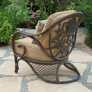 deeper seating chair with plush seat and back cushions with a contrasting an accent pillow. The collection's designers captured the emerging trend