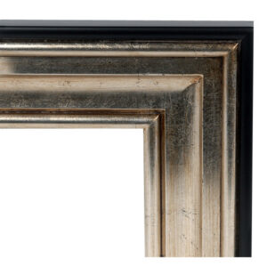 Interior size is 24 x 36 with an overall exterior dimension of 34 x 45 with a profile width of 5" and a profile height of 1.75"     . Our Contempo Silver/Black Frame is currently one of the most popular designs available.  It is easy to place and affective at adding value on almost everything it is selected to be used on.  It is both transitional as well as contemporary and an affective framers' solution for accenting and defining a variety of popular subjects and interior applications. The frame's clean lines are defined by a striking black exterior and facial edge leading to a striking silver leaf that angles toward the center. The frame is made entirely in solid wood with a wood lip liner detail. For larger framing requirements consider using its bigger version