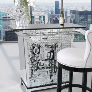 Convex Bubble Mirror Bar is a moderen glam element great for entertaining. Using intricate mirrors creates the illusion of both height and the different shapes give this piece an interesting design. Functional as a standalone bar.
