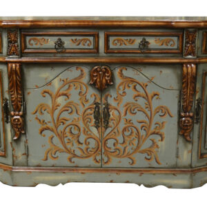 The Serena Peruvian Cabinet from our Serena Series is 75" wide.  This collection boasts a Spanish and French influence with its large scaled details in a finish of varying tones of soft bleus and detailed with hand painted soft scrolls. The cabinet design with tapered sides and large storage capacity allows for varying uses and placements consider pairing in a themed Serena bedroom or bathroom. The Serena series is part of our Santa Lucia Collection consisting of handmade