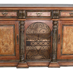 that enable a secured yet visual display of its contents. This collection boasts a Spanish influence with its large scaled details in a rustic finish of beiges and soft Verde greens with sienna and delicately detailed with hand painted soft creamy scrolls. Part of our Santa Lucia Collection consisting of handmade