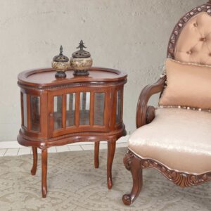 Our Kidney Chocolate Table is a recreation of a traditional display cabinet 29.5" wide x 17.5 " deep x 30.5" tall. It features a removable tray that was originally intended in the design as a serving tray