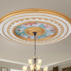 The Sistine Chapel Classical Grand Ceiling Medallion 99.5 Inch Diameter is a large fully assembled and intricately finished Ceiling Medallion. This Timeless Creation offers an Old World Elegance. This completely finished Architectural Ceiling Medallion is the largest Round Medallion offered and creates an instant focal attraction with its 3 dimensional detail. Also a crowning Elegance to a Chandelier Installation for a ballroom